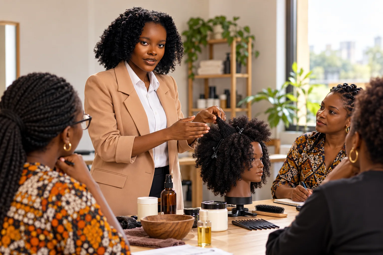 Merdie Ntoto accompagne des apprenantes pendant une formation pratique sur le cheveu afro